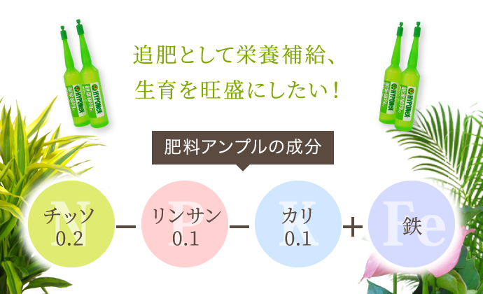 追肥として栄養補給、生育を旺盛にしたい!肥料アンプルの成分 チッソ0.2-リンサン0.1-カリ0.1+鉄